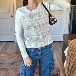 Talbots Nordic Sweater XS Soft Knit Scandi Cottagecore Winter Ivory Metallic